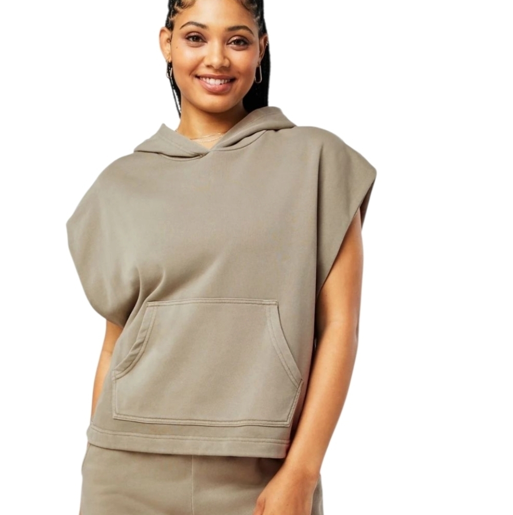 Fabletics Year Round Terry Sleeveless Hooded Sweatshirt Fresh Taupe Olive Medium